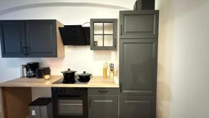 a kitchen with black cabinets and a stove top oven at Aaron27 in Meißen