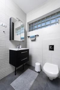 a bathroom with a sink and a toilet and a mirror at Zora's apartment in Siófok +16 photos
