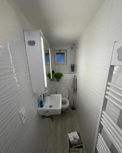 a white bathroom with a toilet and a sink at Geneve Gaillard studio in Gaillard