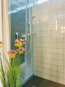 a shower with pink flowers in a bathroom at Ferienwohnung Daudi in Bad Dürrheim +18 photos
