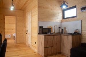 a room with a kitchen with wooden walls at Panorama Mazeri in Tvebishi