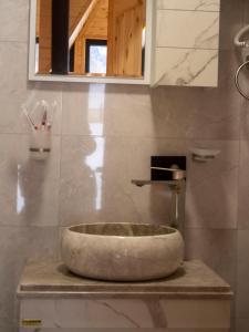 a bathroom with a large stone sink on a counter at Panorama Mazeri in Tvebishi +24 photos