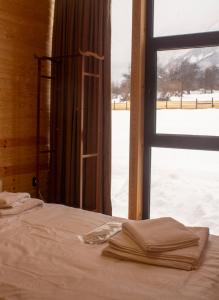 a bedroom with a bed and a window with snow outside at Panorama Mazeri in Tvebishi