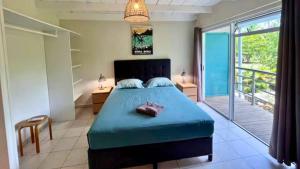 a bedroom with a bed and a balcony at MOOREA - Coconut Pool House 4 in Pihaena +13 photos