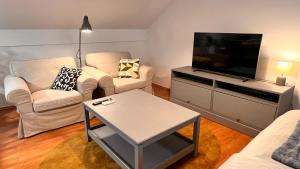 a living room with two chairs and a flat screen tv at Samobor Old Town Studio by the River in Samobor