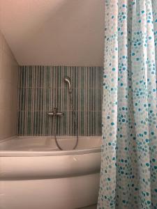 a bathroom with a bath tub with a shower curtain at Patrick House in Tivat +42 photos