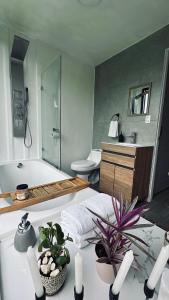 a bathroom with a tub and a toilet and a sink at Kèbi Container Home near Blue Falls in Colonia +17 photos