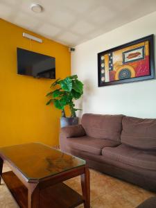 a living room with a couch and a coffee table at Hotel la Palapa Mazatlan in Mazatlán