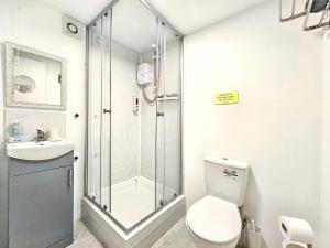 a bathroom with a shower and a toilet and a sink at Hidden Putney-Studio Flat in London