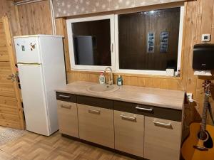 a kitchen with a sink and a white refrigerator at Pusa Saunamaja in Jõhvi