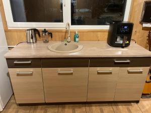 a bathroom counter with a sink and a window at Pusa Saunamaja in Jõhvi +9 photos