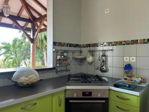 a kitchen with green cabinets and a stove top oven at La Villa Terracotta - Vue mer panoramique in Le Diamant