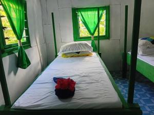 a bed in a room with green curtains and two windows at Lamkail beach island bungalow in Lénakel