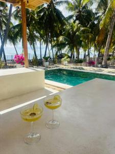 two martini glasses sitting on a table next to a swimming pool at Twin Palms Rote in Nembrala