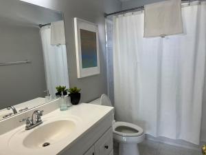 a bathroom with a sink and a toilet and a shower at 25 Lux Room 3 - 1 Queen Bed, Shared Bathroom - Nonsmoking in Arlington