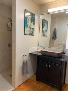a bathroom with a sink and a mirror at Sea Turtle Lodge and Villas in Rarotonga +32 photos