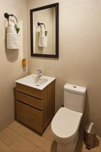 a bathroom with a toilet and a sink and a mirror at Hotel Boutique 4 Estancias in San Ramón