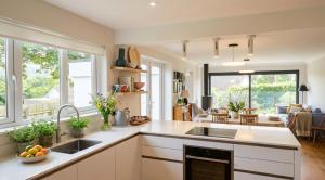 a kitchen with white cabinets and a living room at Croyde Broadlands 5 Bedrooms in Croyde