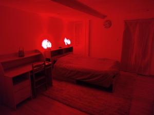 a red room with a bed and a desk at Appartement Neuf Raismes in Raismes