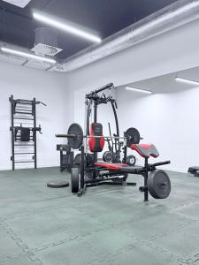 a gym with several exercise equipment in a room at Kapitańska Przystań - basen & sauna & jacuzzi & klimatyzacja & garaż in Dziwnów