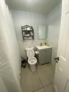 a bathroom with a toilet and a sink and a mirror at Private Room near NYC! in Paterson