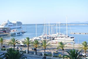 een groep boten aangemeerd in een haven met palmbomen bij Marina Di Castello in Cagliari