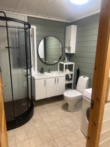 a bathroom with a shower and a toilet and a mirror at Look at this view! 3 BR house overlooking Hardangerfjorden in Kvam +15 photos