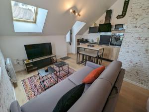 a living room with a couch and a television at Le Studio Neo-Retro in Digoin
