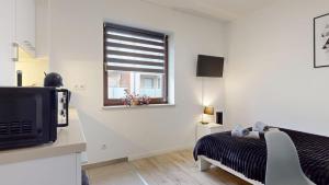 a bedroom with a bed and a window and a television at Studio Fibra Metrio in Rybnik