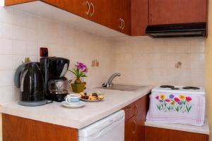 a kitchen with a sink and a stove top oven at Agali Beach Apartments Seaside Stay in Chios in Mármaron