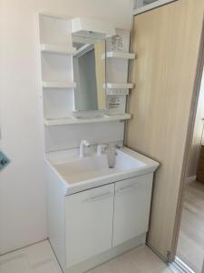 a white bathroom with a sink and a mirror at OtowaBase in Kofu +18 photos