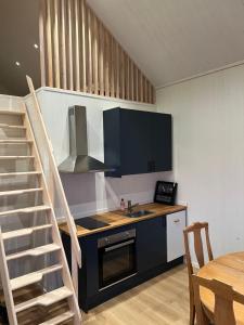 a kitchen with a sink and a stove top oven at Hjortgården in Mora