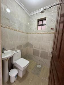 a bathroom with a toilet and a sink at Rhacky Homes - Near JKIA & SGR in Nairobi +63 photos
