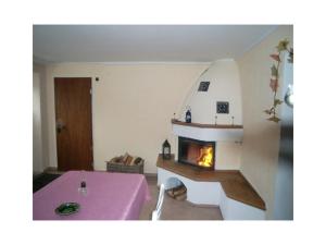 a living room with a fireplace and a pink table at Ferienhaus Krabiell in Saalfeld