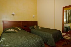 a bedroom with two beds with green sheets and a mirror at Els Meners in Canillo