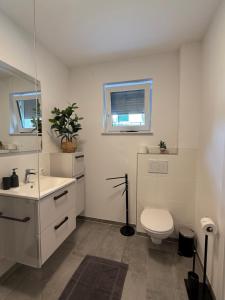 a white bathroom with a toilet and a sink at Sorinas Home - Comfortable Apartment near Graz - Free Parking in Wagersbach +14 photos