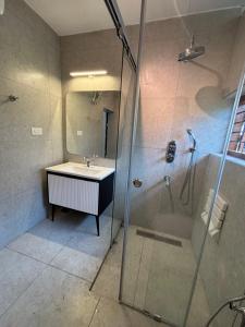 a bathroom with a sink and a shower at Ushas Homestay in Trivandrum