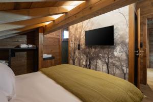 a bedroom with a bed and a tv on a wall at Sorelle Chalet, spa, indoor pool, lake view in Gérardmer