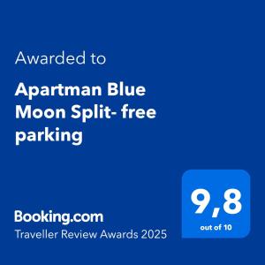 a blue screen with the text awarded to aprilrian blue moon split free parking at Apartman Blue Moon Split- free parking in Split