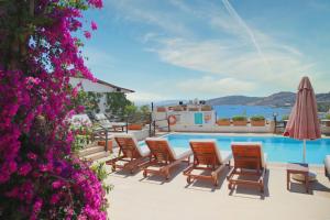 a group of chairs and an umbrella next to a swimming pool at Hotel Gumbet in Bodrum City