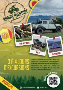 Ein Flyer für ein ARW-Abenteuer mit einem Jeep und Bildern in der Unterkunft Arrow aventure in Saint-Étienne-de-Villeréal