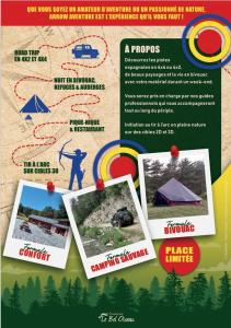 Ein Flyer für einen Campingausflug mit Fotos eines Zeltes in der Unterkunft Arrow aventure in Saint-Étienne-de-Villeréal
