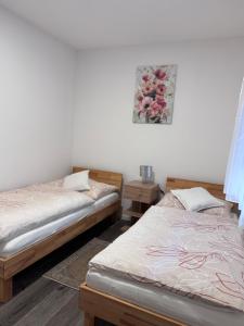 two beds sitting next to each other in a room at Sorinas Home - Comfortable Apartment near Graz - Free Parking in Wagersbach
