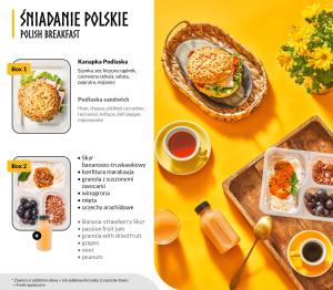 a page of a menu with food on a table at Wyspa Spichrzów Residence in Gdańsk