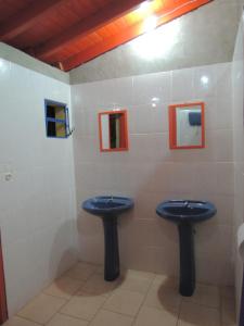 een badkamer met twee blauwe wastafels in een muur bij Isla Francia in Asuncion