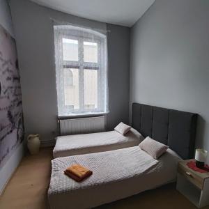 two beds in a small room with a window at Hostel Staromiejski in Grudziądz