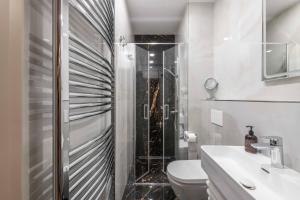 a bathroom with a shower and a toilet and a sink at PAPPAS hotel&studio in Poděbrady +39 photos