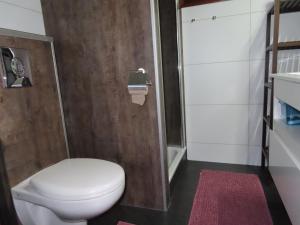 a bathroom with a toilet and a pink rug at Veluwe Park Reewold Chalet Vision in Putten +44 photos