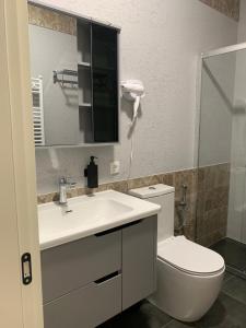 a bathroom with a toilet and a sink and a mirror at Seven Rooms Hotel in Tbilisi City