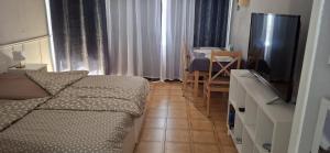a living room with a bed and a television at Studio in perfect location in Playa de las Americas +23 photos